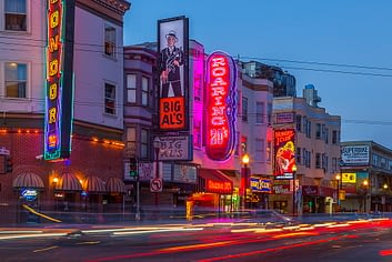 Clubs signs on buildings in North Beach district, San Francisco, California, United States of America, North America Entertainment & Night Club Noise Surveys